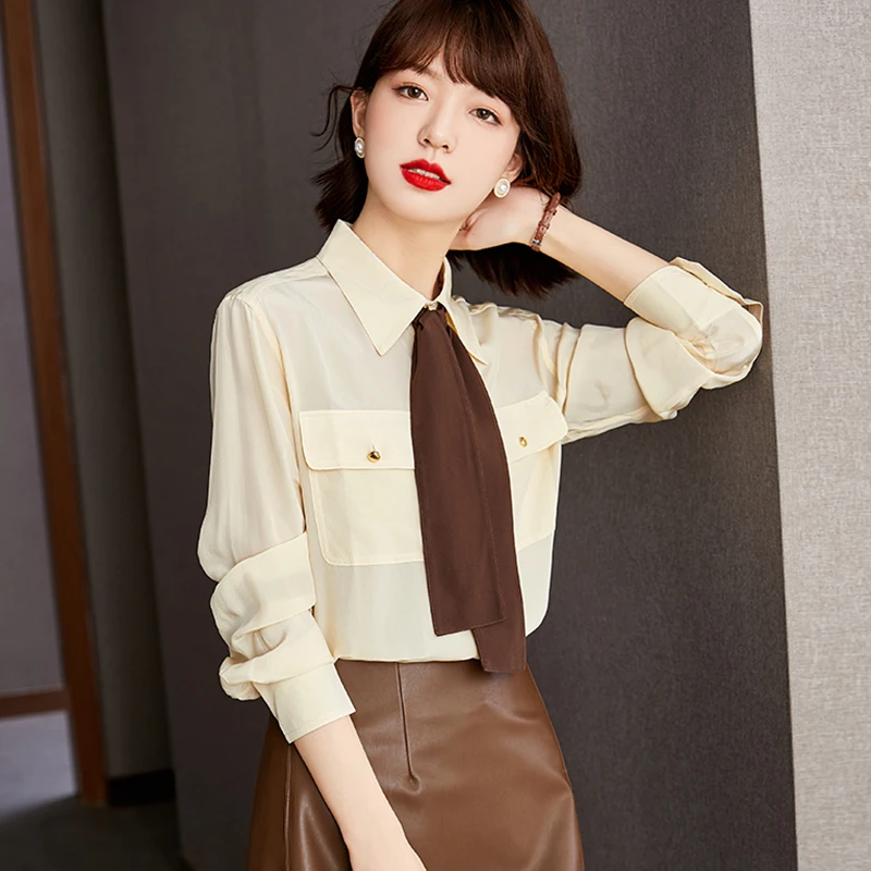 Autumn Fashion Women Ribbon Silk Blouses Shirts Elegant Female Slim Long Sleeve Pockets Shirt Tops Blusa
Autumn Fashion Women Ribbon Silk Blouses Shirts Elegant Female Slim Long Sleeve Pockets Shirt Tops Blusa
