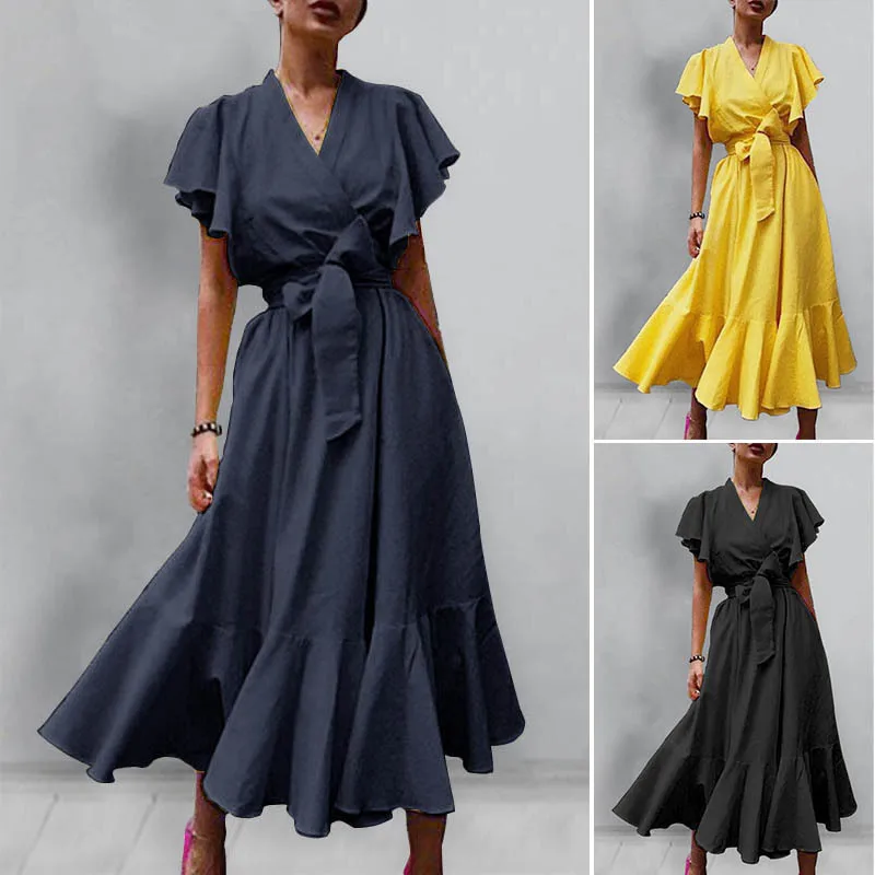 Summer women's new product retro solid color V-neck short-sleeved high-waist lace-up mid-length large hem frill dress female
Summer women's new product retro solid color V-neck short-sleeved high-waist lace-up mid-length large hem frill dress female
