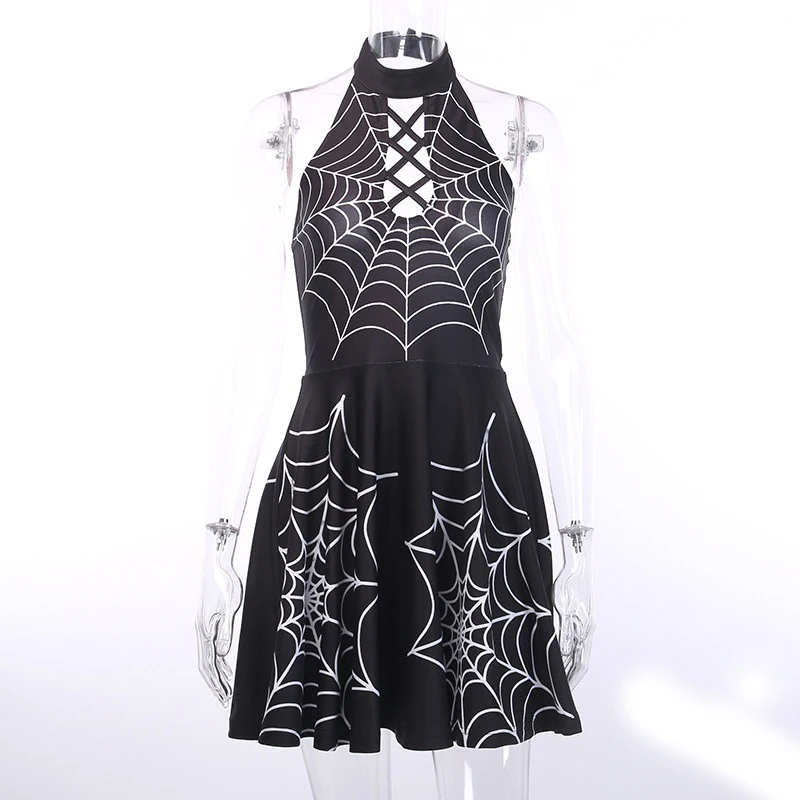 Черное приталенное пикантное мини-платье на завязках с высокой талией Хэллоуин