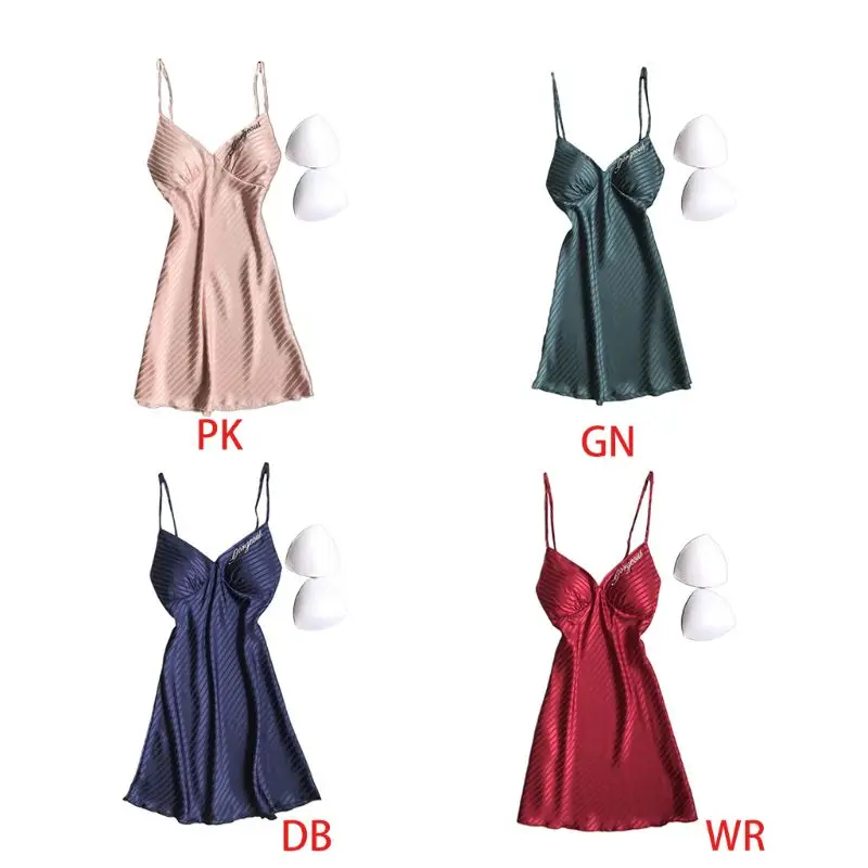 Women Imitation Silk Sleeveless Nightdress Sexy V-Neck Solid Color Stripes Sleepwear Letters Embroidered Padded Lingerie