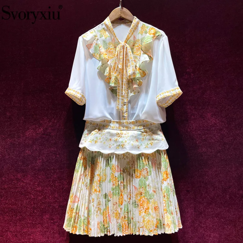 Svoryxiu Runway Fashion Summer Skirt Suit Women's Elegant Bow Collar Short Sleeve Blouse + Flower Print Pleated Mini Skirt Sets
Svoryxiu Runway Fashion Summer Skirt Suit Women's Elegant Bow Collar Short Sleeve Blouse + Flower Print Pleated Mini Skirt Sets
