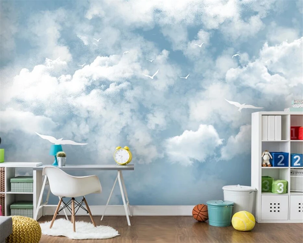 

beibehang papel de parede Customized modern minimalist blue sky white clouds seagull children's room background wallpaper