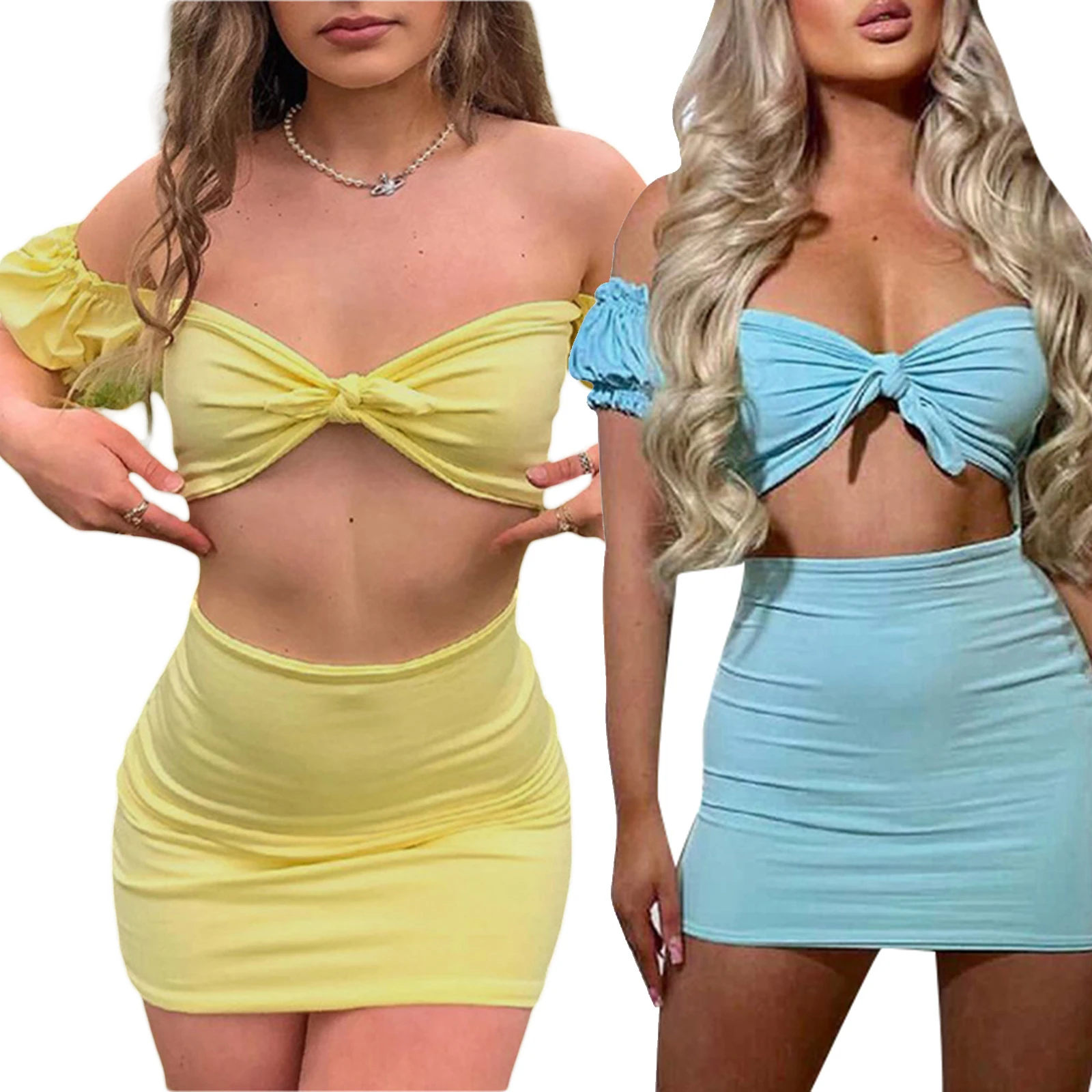 Women\u2019s T-shirt and Short Skirt Suit Fresh Solid Color Bandage Puff Sleeve Tops and Skinny Skirt
Women\u2019s T-shirt and Short Skirt Suit Fresh Solid Color Bandage Puff Sleeve Tops and Skinny Skirt