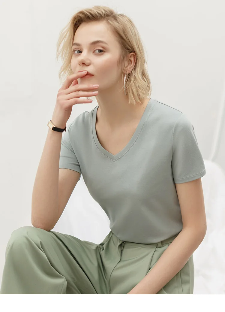 2021 summer new women's short-sleeved shirt casual solid color T-shirt women's mercerized cotton V-neck T-shirt 
2021 summer new women's short-sleeved shirt casual solid color T-shirt women's mercerized cotton V-neck T-shirt