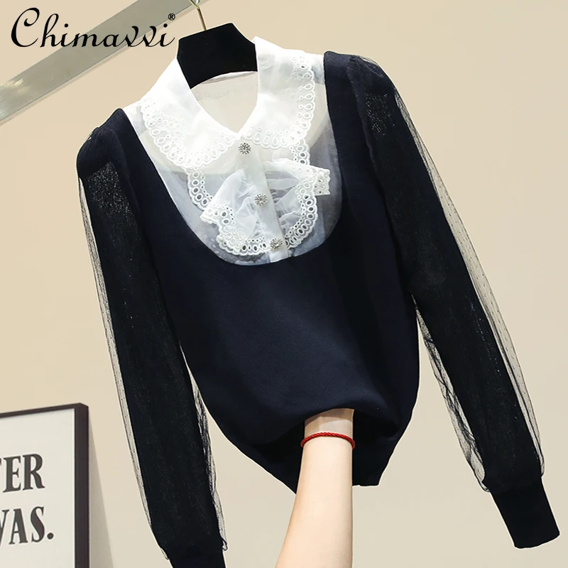 Sweater 2021 Fall Women's Clothing High-End Lace Stitching Lapel Knitted Bottoming Shirt Loose Figure Flattering Elegant Tops
Sweater 2021 Fall Women's Clothing High-End Lace Stitching Lapel Knitted Bottoming Shirt Loose Figure Flattering Elegant Tops