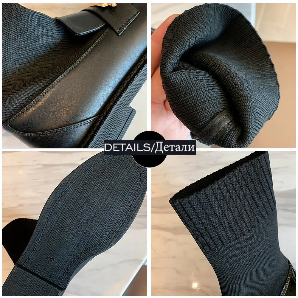 ISNOM Slim Stretch Ankle Boots Women Sock Boots Metal Decoration Slip On Chunky Heel Round Toe Winter Flat Shoes Black
ISNOM Slim Stretch Ankle Boots Women Sock Boots Metal Decoration Slip On Chunky Heel Round Toe Winter Flat Shoes Black