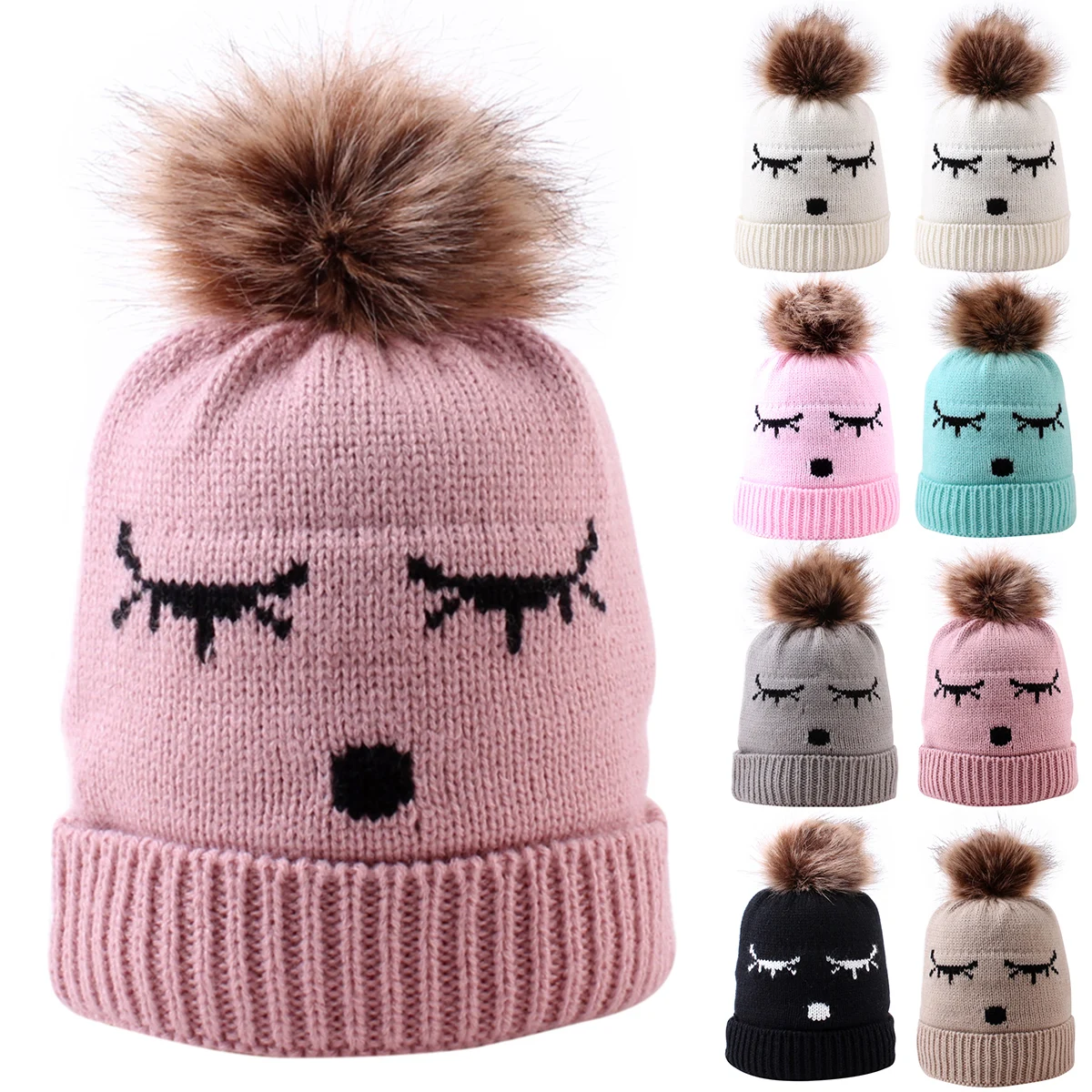 

0-3yrs Cute Winter warm Baby Kids Crochet Knitted Hat Caps Children Girl Boy Wool Fur Bobble Ball Pompom Beanies Hats 2019