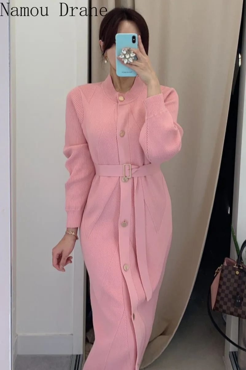 Elegant O-neck Single-breasted Women Solid Sweater Dress OL Style Long Sleeve Belted Knitted Mid-length Dress Female
Elegant O-neck Single-breasted Women Solid Sweater Dress OL Style Long Sleeve Belted Knitted Mid-length Dress Female