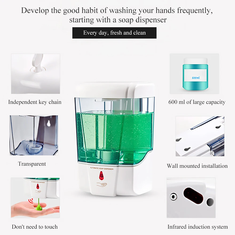 1pc600ml Capacity Automatic Soap Dispenser Touchless Sensor Hand Sanitizer Detergent Dispenser Wall Mounted For Bathroom Kitchen
1pc600ml Capacity Automatic Soap Dispenser Touchless Sensor Hand Sanitizer Detergent Dispenser Wall Mounted For Bathroom Kitchen