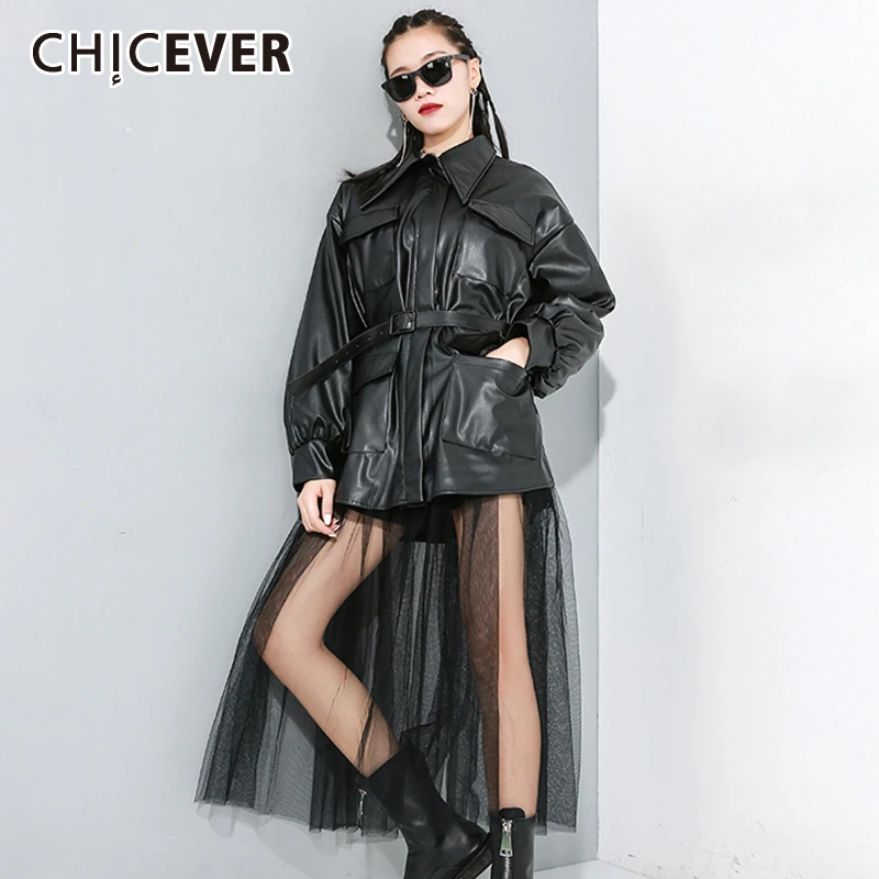 CHICEVER винтажный Тренч из искусственной кожи в стиле пэтчворк Женский с воротником