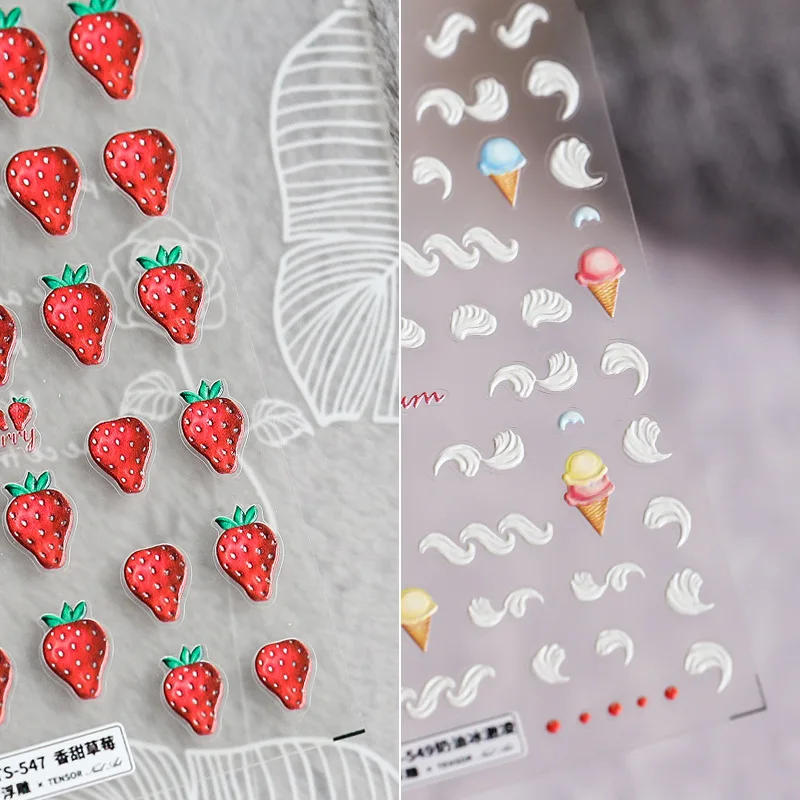 New Technology 5D Relief Nail Sticker Cute Red Sweet Strawberry Ice Cream Lattice Nail Sticker Decorations Nail Decals Design
New Technology 5D Relief Nail Sticker Cute Red Sweet Strawberry Ice Cream Lattice Nail Sticker Decorations Nail Decals Design