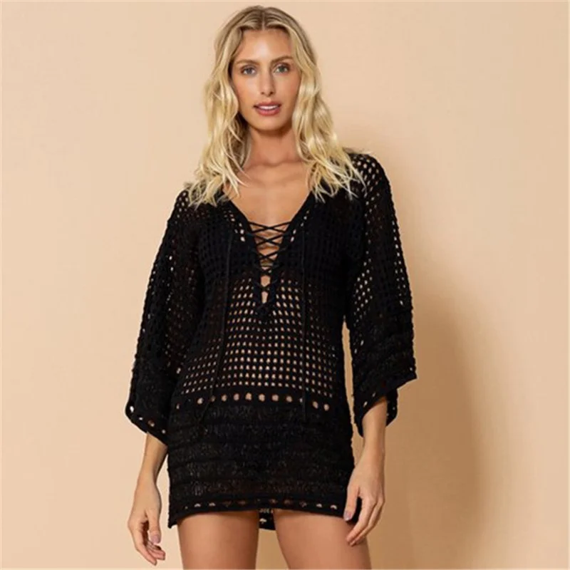 Black Dress For Women Hollow Knitted Beach Blouse Solid Color V-Neck Cross Straps Sexy Short Sleeve Seaside Vacation Beach Wind
Black Dress For Women Hollow Knitted Beach Blouse Solid Color V-Neck Cross Straps Sexy Short Sleeve Seaside Vacation Beach Wind