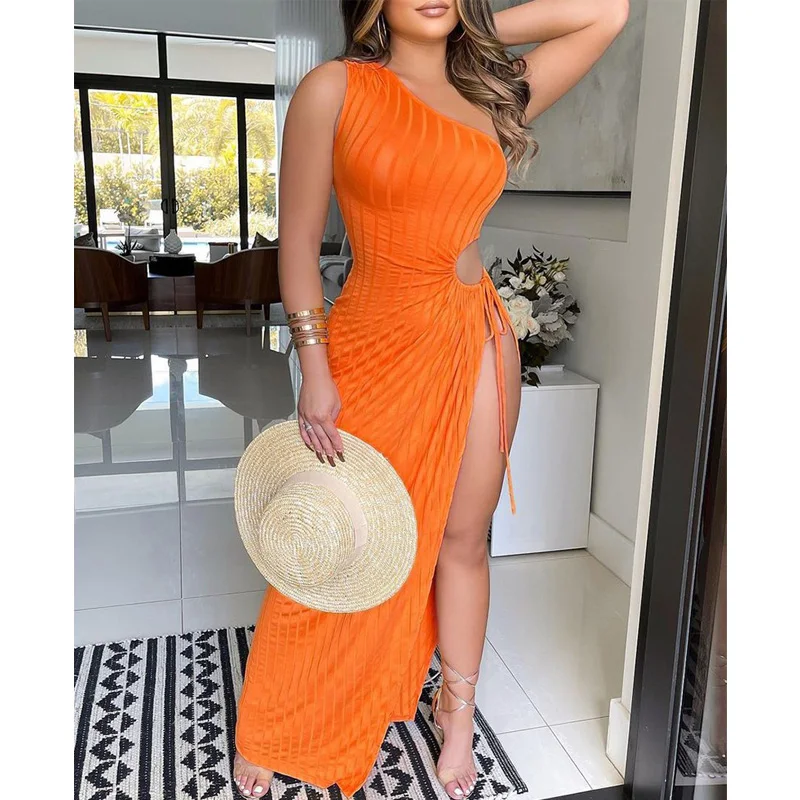 Sexy Women Summer Beach Dresses 2021 One Shoulder High Slit Drawstring Cutout Ribbed Maxi Dress
Sexy Women Summer Beach Dresses 2021 One Shoulder High Slit Drawstring Cutout Ribbed Maxi Dress