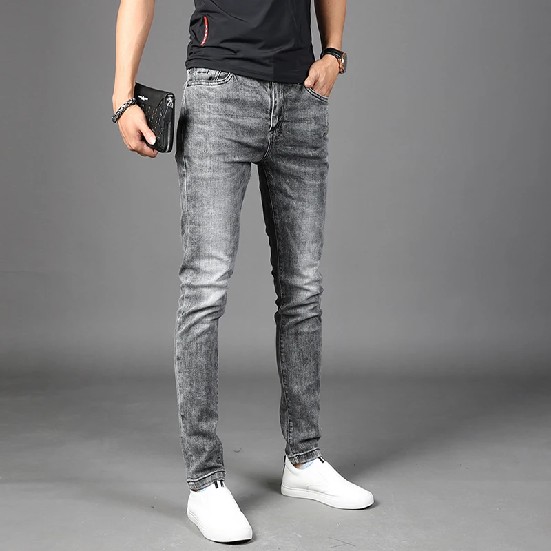 

Мужские джинсы, летние Серые Хлопковые Стрейчевые облегающие брюки, модные джинсовые брюки в Корейском стиле