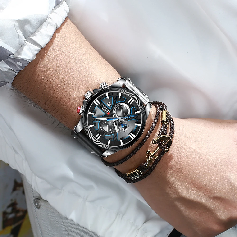 Часы CURREN Мужские кварцевые с хронографом спортивные наручные кожаным ремешком