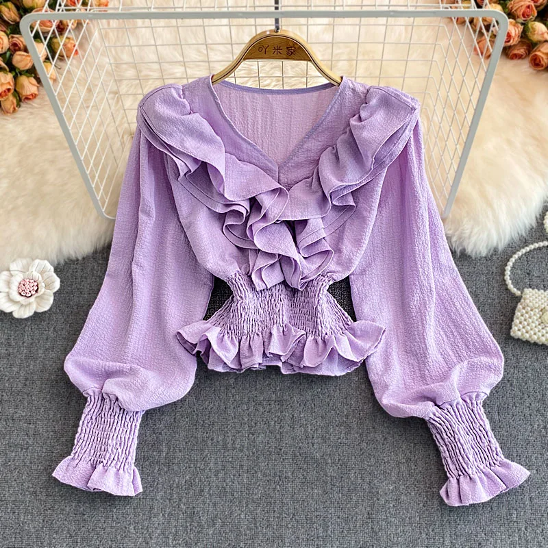 Spring Autumn Sweet Purple/Pink/White Irregular Ruffle Short Tops Women Elegant V-Neck Lantern Long Sleeve Blouse Female New
Spring Autumn Sweet Purple/Pink/White Irregular Ruffle Short Tops Women Elegant V-Neck Lantern Long Sleeve Blouse Female New