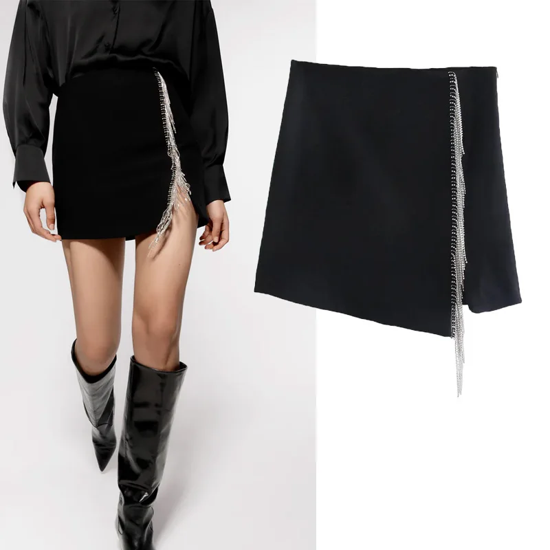 

WSL TRAF ZA Faux Gem Fringe Mini Skirt 2022 Woman Sprint Summer Office Profession OL Short Skirt Chic Side Zipper Daily Skirt