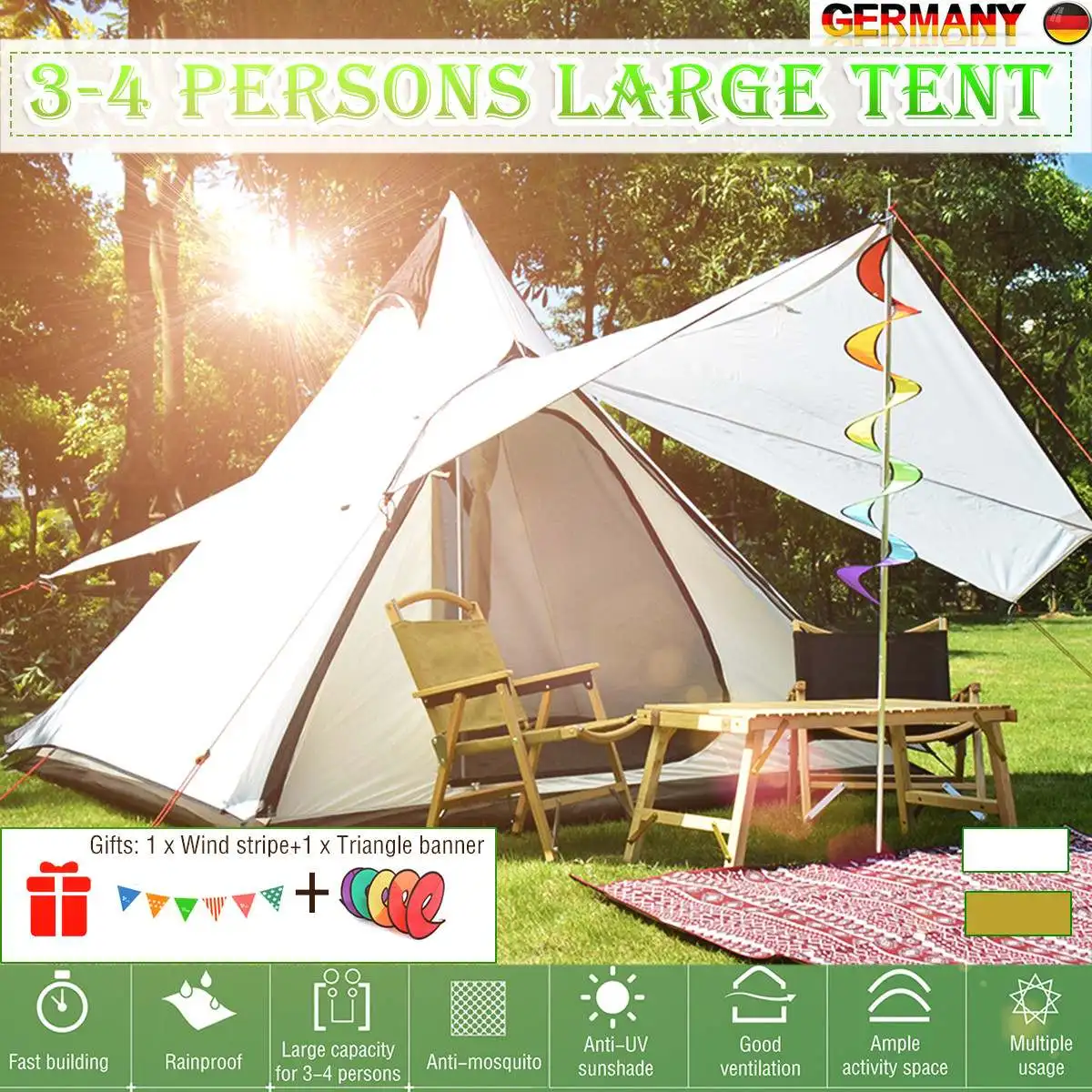NEW 3-4 People Large Tent Quick Setup Family Outdoor Camping Tent Waterproof Pyramid Indian Style Camping Hiking Tent EU Stock
NEW 3-4 People Large Tent Quick Setup Family Outdoor Camping Tent Waterproof Pyramid Indian Style Camping Hiking Tent EU Stock