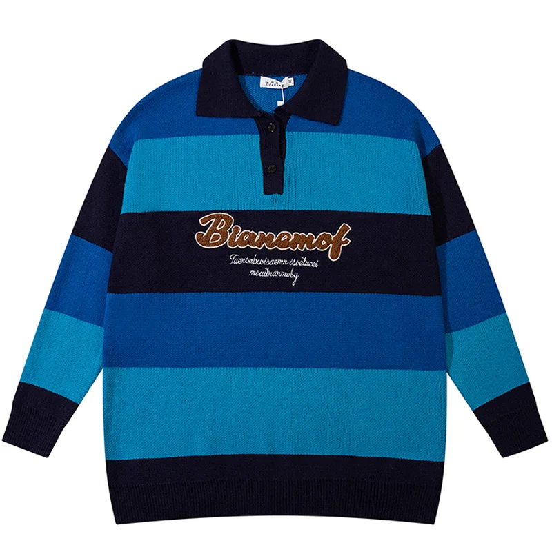 Men Polo Collar Wide Stripe Knit Sweaters Winter Unisex Oversize Couple Knitwear Women Harajuku Hipster Cotton Sweater Pullover 
Men Polo Collar Wide Stripe Knit Sweaters Winter Unisex Oversize Couple Knitwear Women Harajuku Hipster Cotton Sweater Pullover
