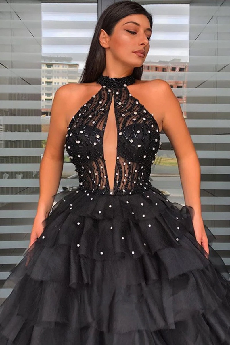 Black Women's Halter Beaded Tulle Evening Dresses Long Tiered Heyhole Formal Prom Party Ball Gowns vestidos de fiesta 2021
Black Women's Halter Beaded Tulle Evening Dresses Long Tiered Heyhole Formal Prom Party Ball Gowns vestidos de fiesta 2021