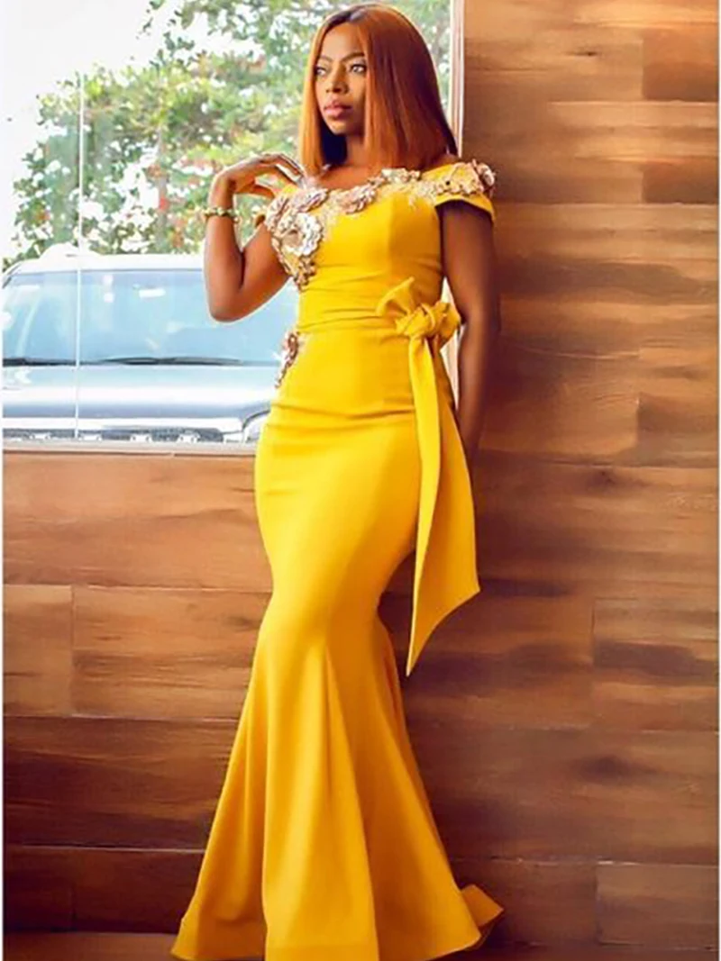 Simples Yellow Satin Mermaid Evening Dresses Appliques Hand Made Flowers Bow Prom Dresses African Women Formal Evening Gowns
Simples Yellow Satin Mermaid Evening Dresses Appliques Hand Made Flowers Bow Prom Dresses African Women Formal Evening Gowns