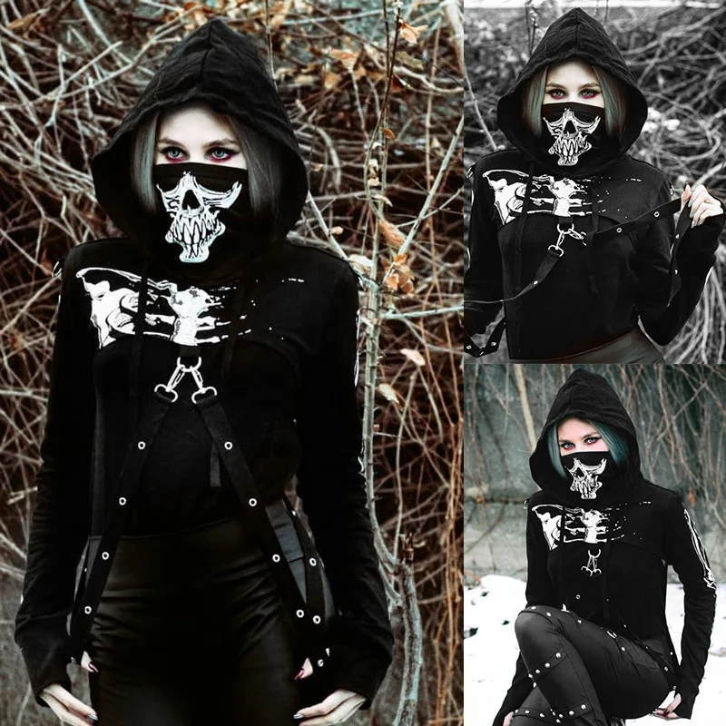 

Женская толстовка с капюшоном в готическом стиле, черная укороченная кофта с принтом маски скелета и длинным рукавом, модный топ на Хэллоуи...