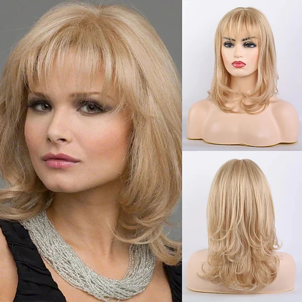 

Remy Human Hair Wig Very Long Curly Body Wave Layered Haircut Neat Bang With Bangs Blonde Women Natural Hairline African wig