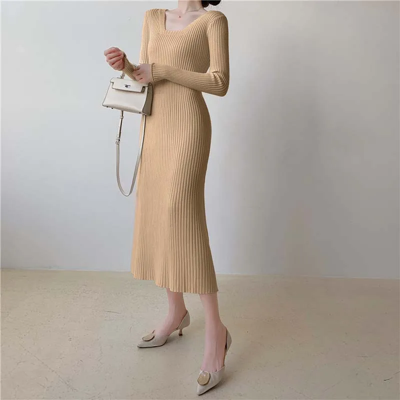 One-Piece Dress 2021 Women Autumn Winter Square Collar Knitted Mid Dress Korean Elegant Office Lady Slim Sweater Dresses Simple
One-Piece Dress 2021 Women Autumn Winter Square Collar Knitted Mid Dress Korean Elegant Office Lady Slim Sweater Dresses Simple