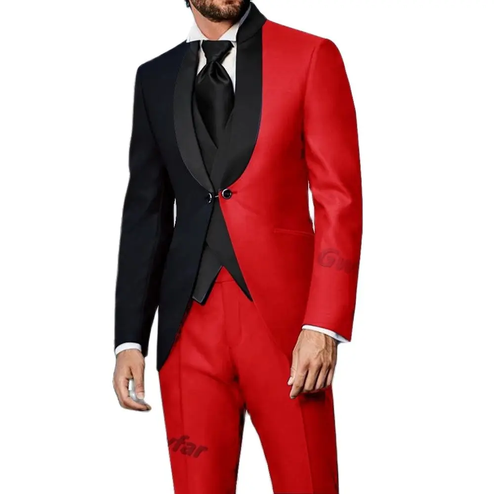 

New Mixed Red Black Dinner Party Men Suits Black Stand Lapel Slim Fit Two Ways Buttoned Blazer 2021Wedding Groom Tuxedos
