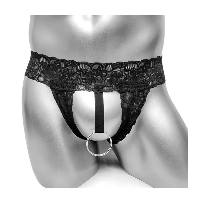 

Men Low Rise Stretchy Floral Lace Thong with Cock Metal Ring Gay Sexy G-String Underwear Jockstrap Sissy Tanga Underpants