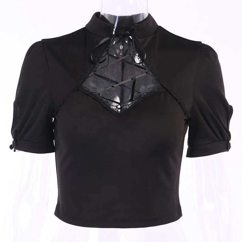 Women's Fashion Summer Lace Criss Cross Short Sleeves Black Skinny Crop Top Female Gothic Bandage Sexy Hollow Out Stand Tee Tops
Women's Fashion Summer Lace Criss Cross Short Sleeves Black Skinny Crop Top Female Gothic Bandage Sexy Hollow Out Stand Tee Tops