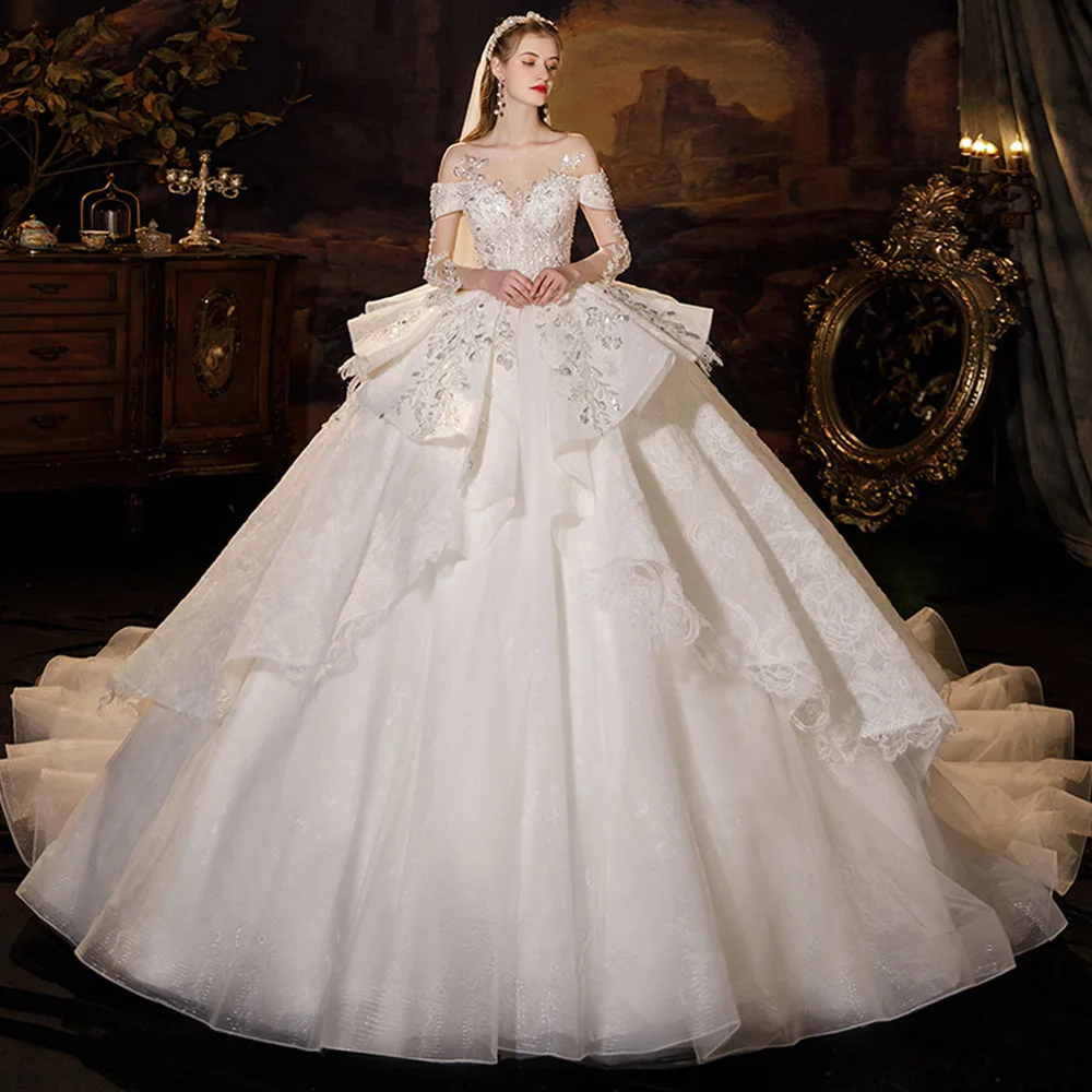 New Arrivals O-Neck Three Quarter Sleeve Sparkly Beading Crystal Tulle Lace Gorgeous Ball Gown Wedding Dress Plus Size Mariage | Свадьбы и