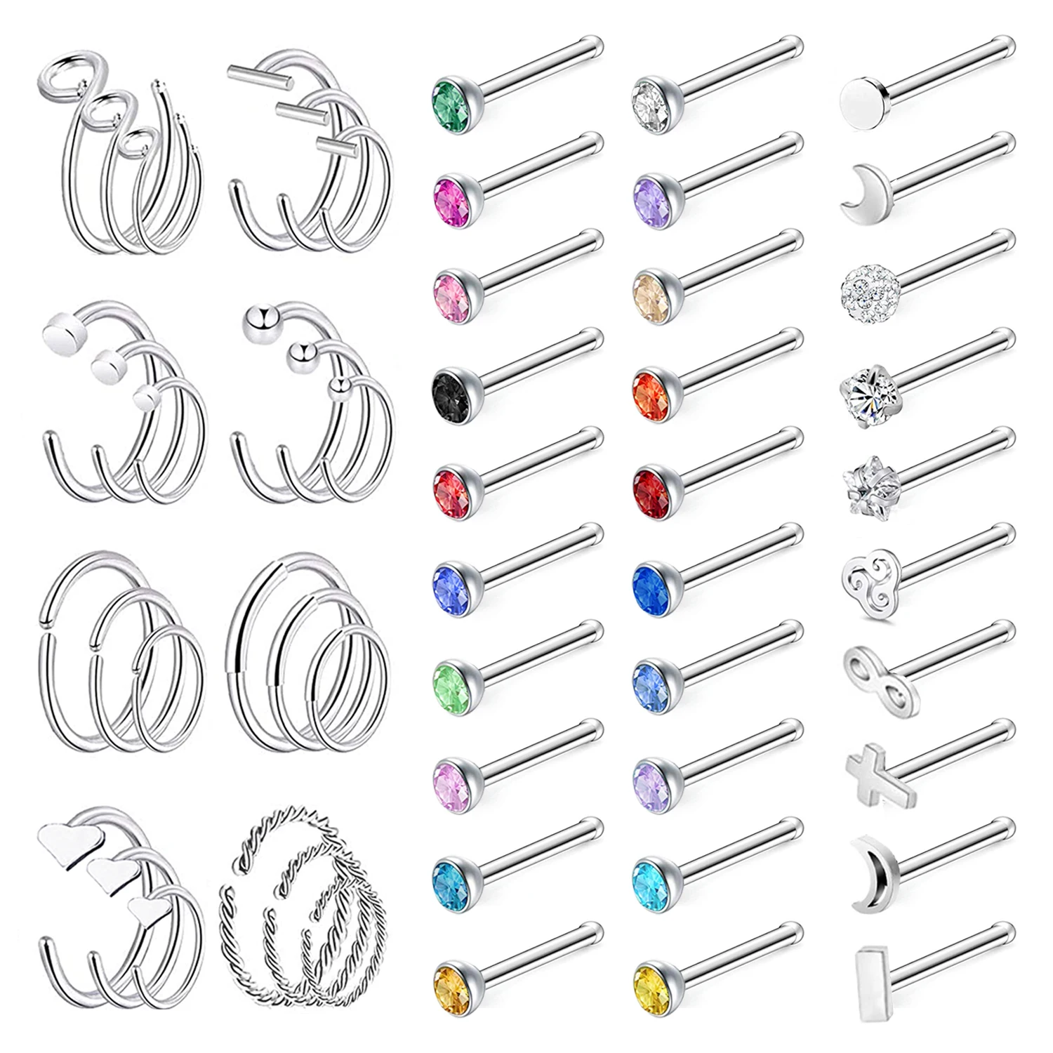 ZS 54pcs/Lot Nose Studs And Rings Sets Stainless Steel Nose Hoop Rings 3 Styles CZ Nose Septum Studs Nosetril Piercing Studs Set
ZS 54pcs/Lot Nose Studs And Rings Sets Stainless Steel Nose Hoop Rings 3 Styles CZ Nose Septum Studs Nosetril Piercing Studs Set