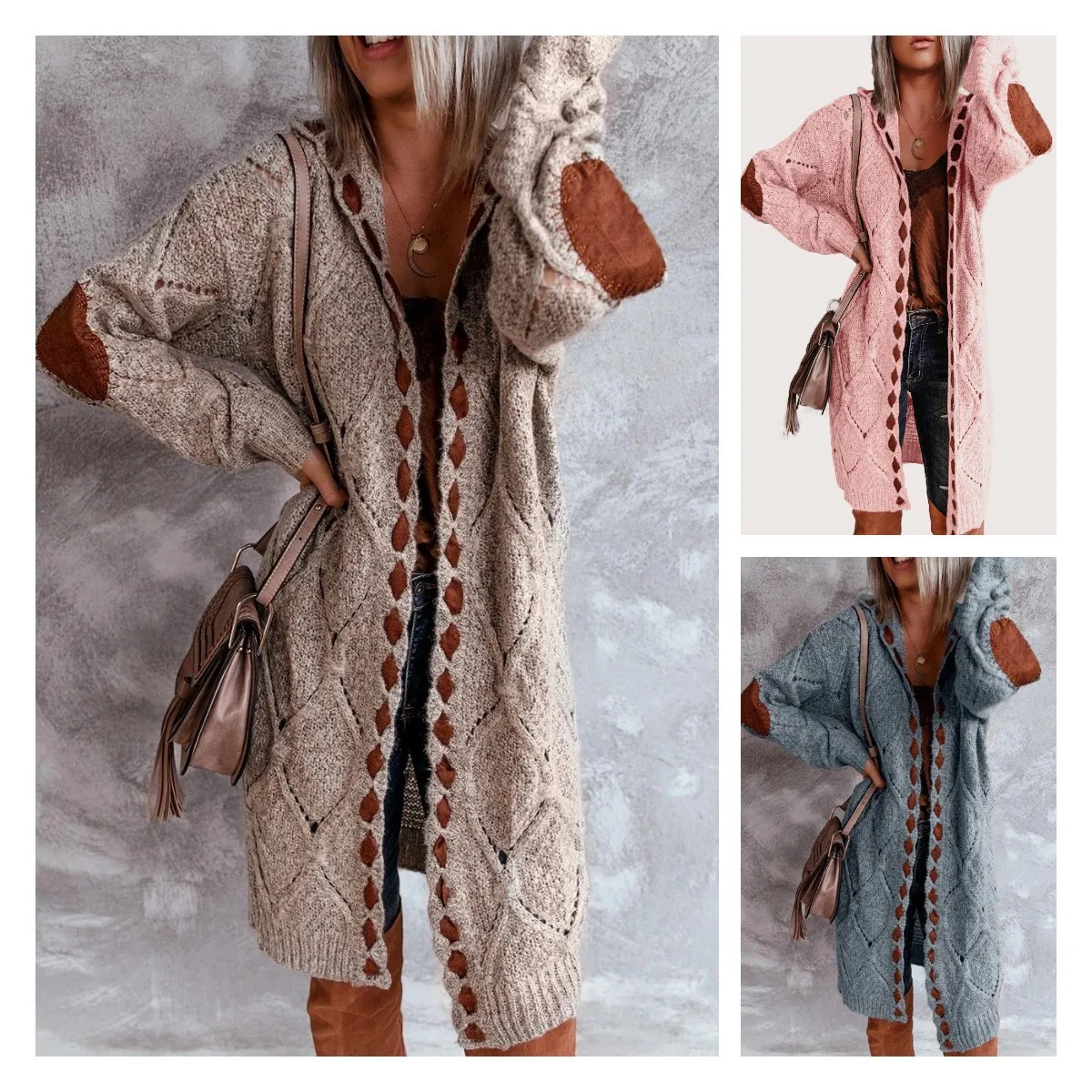 2021 Spring New Stitched Hooded Fabric Knit Long Sleeve Sweater Coat Women's Pull Femme Oversized Cardigan Casual 
2021 Spring New Stitched Hooded Fabric Knit Long Sleeve Sweater Coat Women's Pull Femme Oversized Cardigan Casual