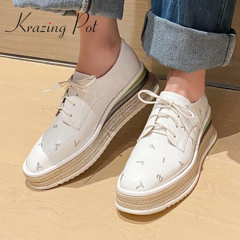 Krazing pot patent leather round toe straw wedges cross-tied young lady streetwear comfortable leisure classic women pumps L19 
Krazing pot patent leather round toe straw wedges cross-tied young lady streetwear comfortable leisure classic women pumps L19