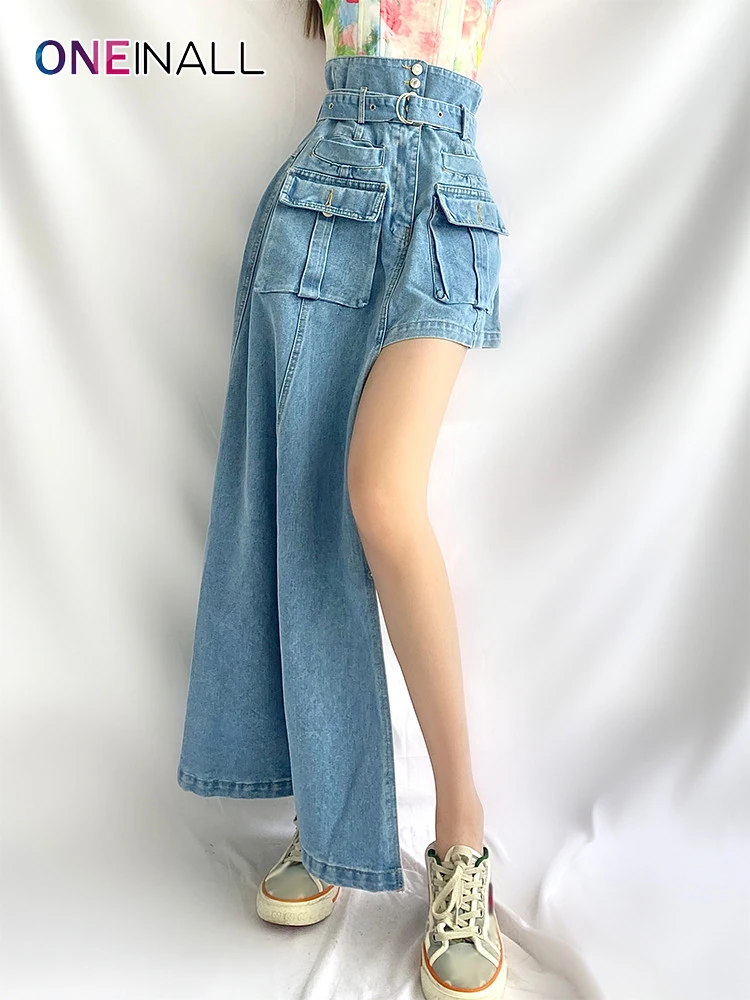ONEINALL Sexy Blue Asymmetrical Hem Denim Skirt For Women High Waist Patchwork Pocket Loose Skirts Female Autumn 2021 Clothing
ONEINALL Sexy Blue Asymmetrical Hem Denim Skirt For Women High Waist Patchwork Pocket Loose Skirts Female Autumn 2021 Clothing