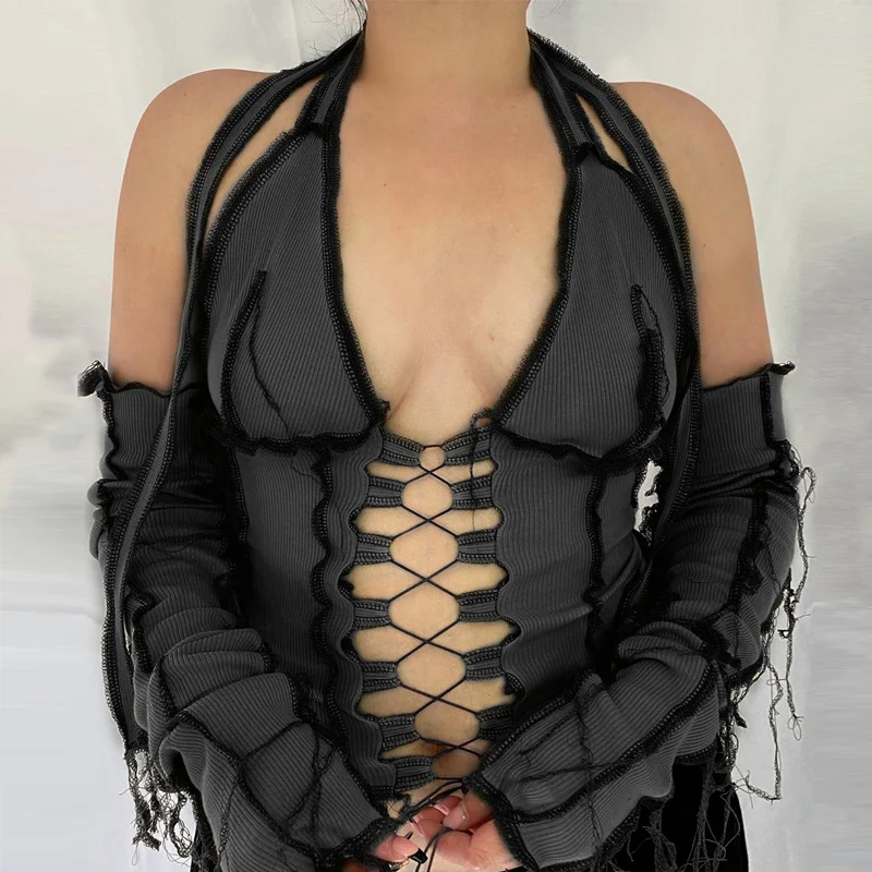Backless Halter Ribbed Tie Front Top Women Long Sleeve Hollow Out Lace Up T Shirts Patchwork Sexy Hot Bodycon Crop Top
Backless Halter Ribbed Tie Front Top Women Long Sleeve Hollow Out Lace Up T Shirts Patchwork Sexy Hot Bodycon Crop Top