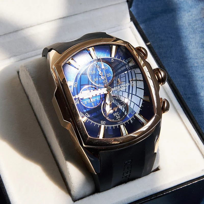 

Reef Tiger/RT Top Brand Luxury Sport Watch for Men Rose Gold Blue Dial Professional Stop Clock Waterproof RGA3069-T