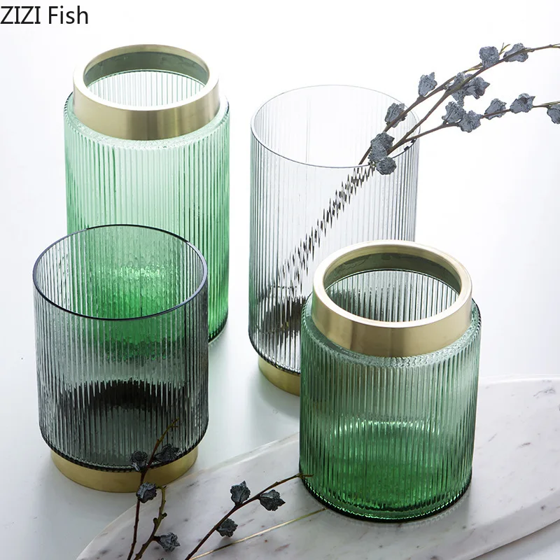 Позолоченная стеклянная ваза с вертикальными линиями цветочные горшки для