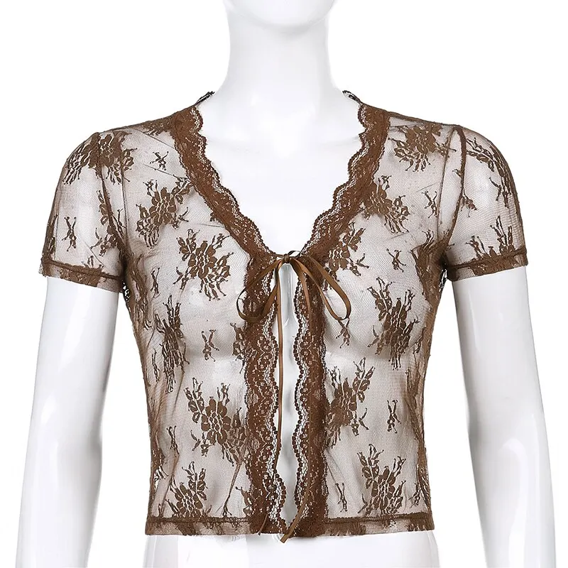 Brown Vintage Lace Crop Top Short Sleeve See Through Sexy Mesh Woman Tshirts V Neck Lace Up Floral Kawaii Clothes
Brown Vintage Lace Crop Top Short Sleeve See Through Sexy Mesh Woman Tshirts V Neck Lace Up Floral Kawaii Clothes