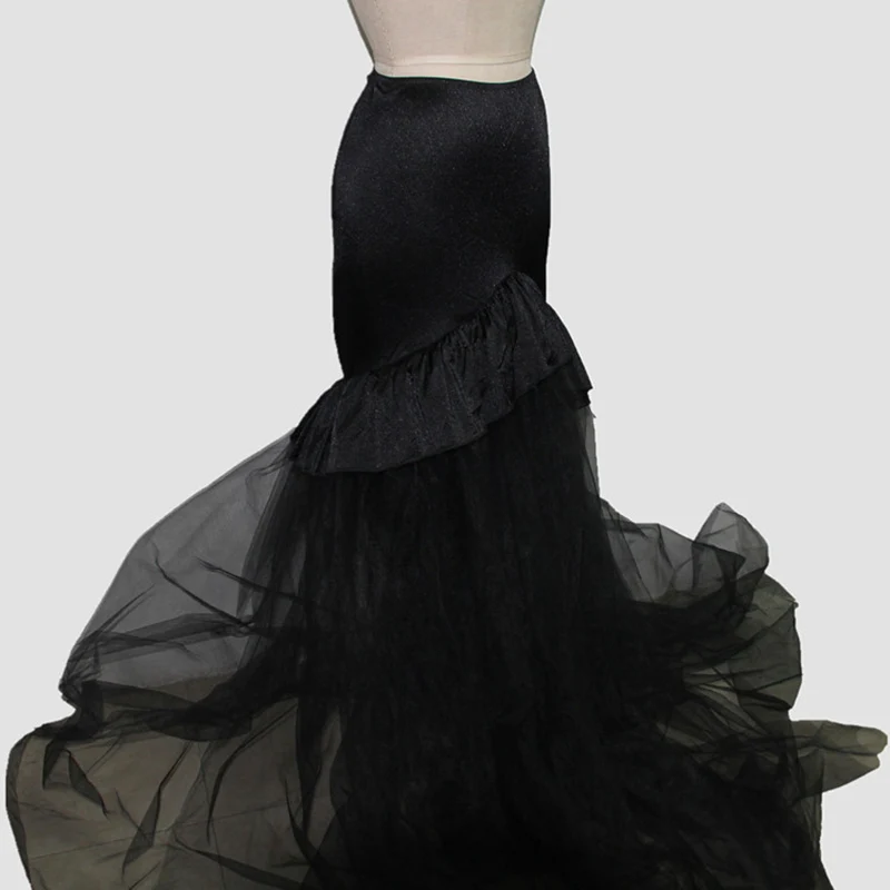 Черные Атласные оборки и Тюль длиной до пола винтажная викторианская юбка