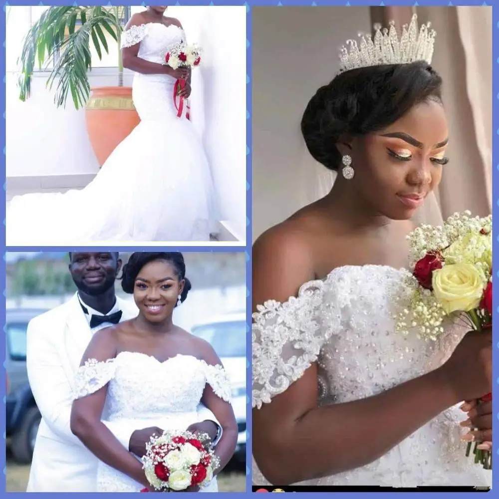 2021 African Mermaid Wedding Dresses Off Shoulder Lace Appliques Crystal Pearls Beded Plus Size Tulle Sweep Train Bridal gowns
2021 African Mermaid Wedding Dresses Off Shoulder Lace Appliques Crystal Pearls Beded Plus Size Tulle Sweep Train Bridal gowns