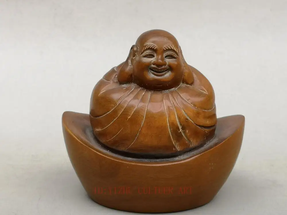 

YIZHU CULTUER ART Collection Ornaments Asian China Old Boxwood Hand Carved Happy Maitreya Buddha Family Decoration