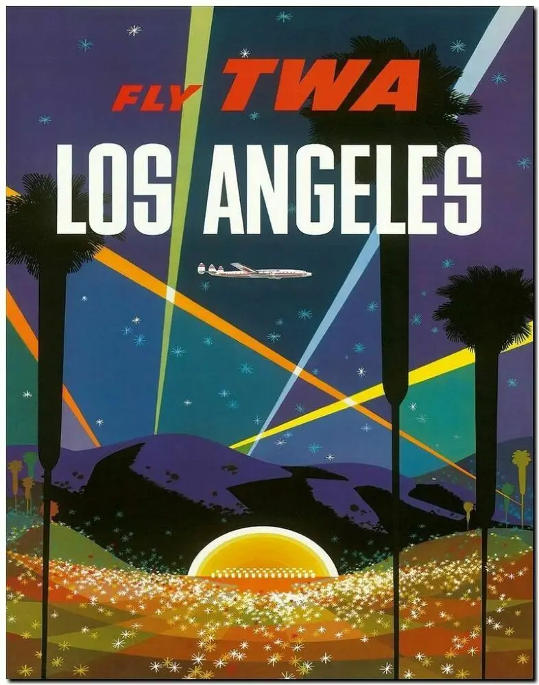 Крутой ретро постер для путешествий холст Художественная печать ~ Los Angeles Night TWA