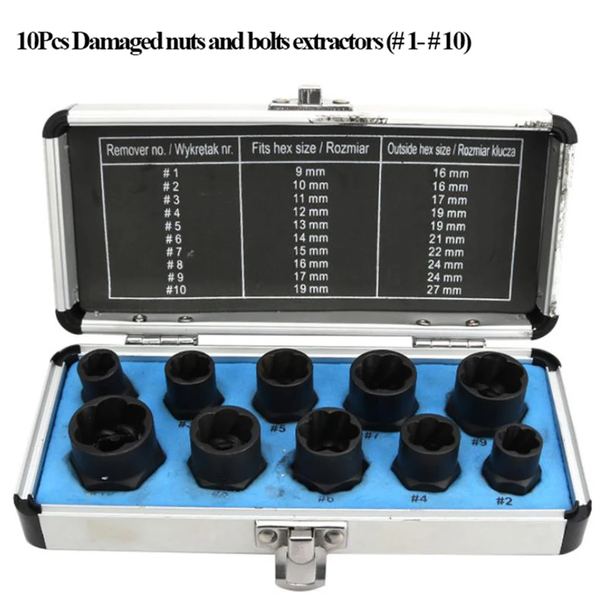 10Pcs/Set Metric Long Damaged Nut Bolt Remover Stud Extractor Set (9-19mm), Broken Bolt Removal Kit For Home Repair Manufacture
10Pcs/Set Metric Long Damaged Nut Bolt Remover Stud Extractor Set (9-19mm), Broken Bolt Removal Kit For Home Repair Manufacture