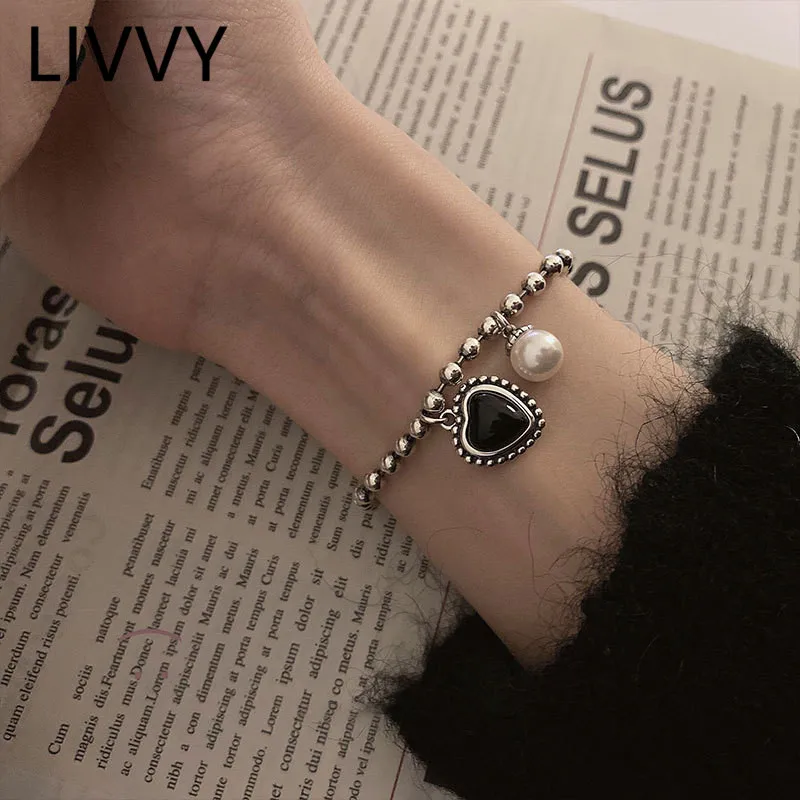 LIVVY Silver Color New Fashion Black Love Heasrt Shape Pearl Beaded Bracelet for Women Couple Temperament Beautiful Jewelry
LIVVY Silver Color New Fashion Black Love Heasrt Shape Pearl Beaded Bracelet for Women Couple Temperament Beautiful Jewelry