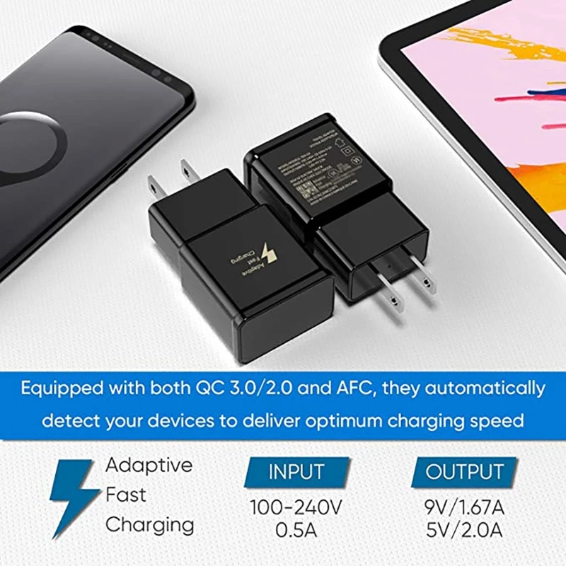 Adaptive Fast Charging Wall Charger Adapter 9V 2A Quick Charge Compatible with S6 S7 S8 S9 S10 / Edge/Plus/Active
Adaptive Fast Charging Wall Charger Adapter 9V 2A Quick Charge Compatible with S6 S7 S8 S9 S10 / Edge/Plus/Active