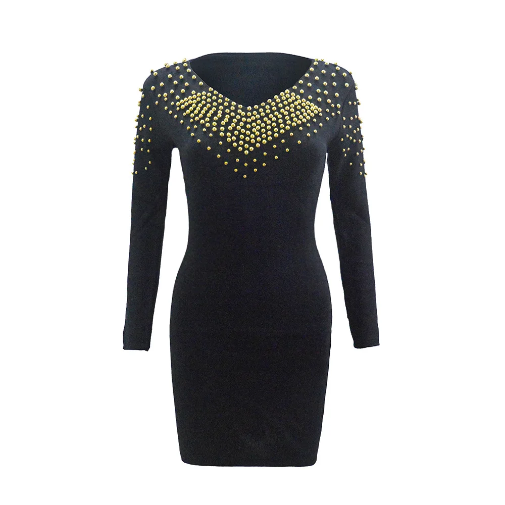 Autumn And Winter New Women's Sexy V-neck Beaded Bag Hip Long-Sleeved Knitted Dress Fashion Solid Color Bodycon Pencil Dresses
Autumn And Winter New Women's Sexy V-neck Beaded Bag Hip Long-Sleeved Knitted Dress Fashion Solid Color Bodycon Pencil Dresses