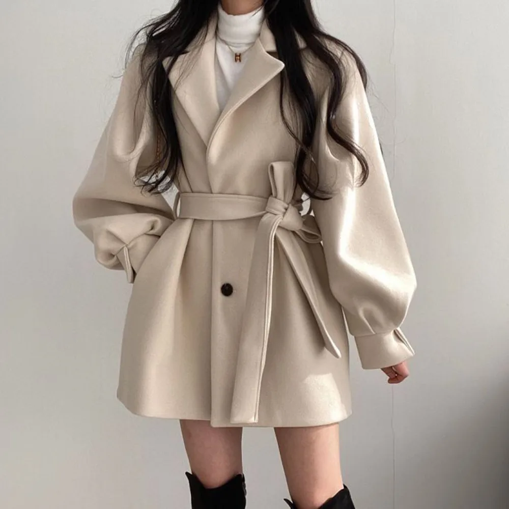 Slim Single-Breasted Lace-Up Women's Overcoat New Woolen Coat Solid Color Belt Lapel Lantern Sleeve Casual Temperament Women
Slim Single-Breasted Lace-Up Women's Overcoat New Woolen Coat Solid Color Belt Lapel Lantern Sleeve Casual Temperament Women