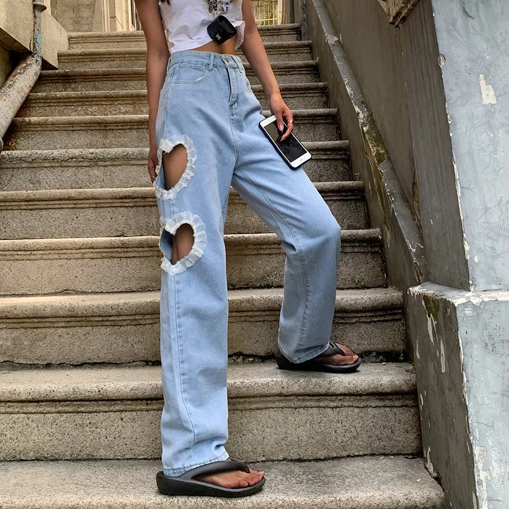 Modern Straight Wide Leg Pants Push Up Mujer High Waist Denim Trousers Grunge Lacework Heart Hole Ripped Jeans for Women Slacks
Modern Straight Wide Leg Pants Push Up Mujer High Waist Denim Trousers Grunge Lacework Heart Hole Ripped Jeans for Women Slacks